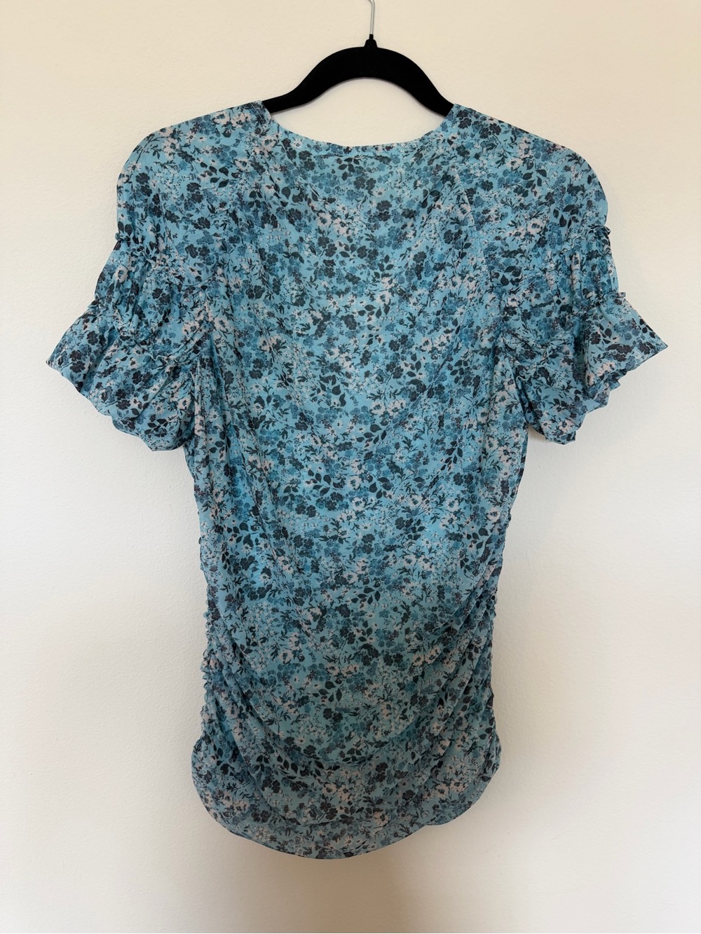 Anthropologie Teal Floral Ruched Mesh Top XL - Picture 5 of 7